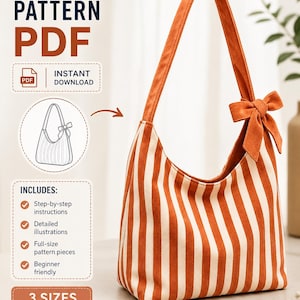 Op de afbeelding: Een naaipatroon PDF voor een schoudertas met één schouderband en een decoratieve strik. De tas heeft verticale oranje en crèmekleurige strepen. De tekst bevat SEWING PATTERN PDF, INSTANT DOWNLOAD, INCLUDES: Step-by-step instructions, Detailed illustrations, Full-size pattern pieces, Beginner friendly en 3 SIZES S M L.
