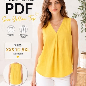 May include: A PDF sewing pattern for a sleeveless sun yellow top featuring a V-neck and a central pleat. The pattern includes sizes XXS to 5XL and is compatible with A4, US Letter, and A0 paper formats. The design shows a front and back view.