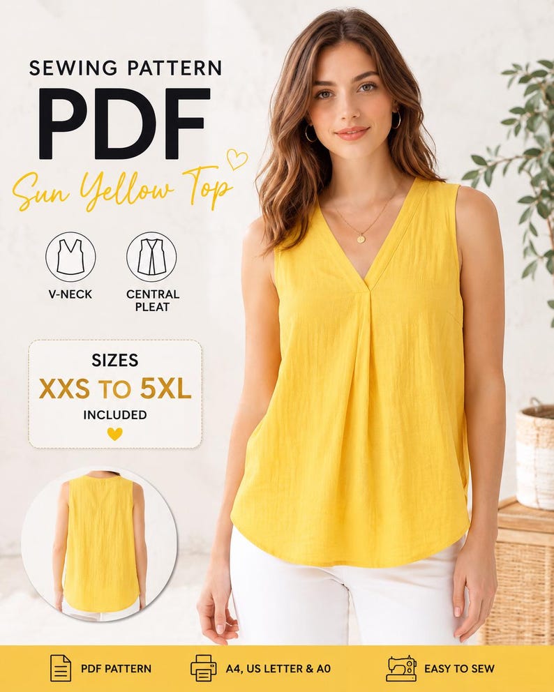 May include: A PDF sewing pattern for a sleeveless sun yellow top featuring a V-neck and a central pleat. The pattern includes sizes XXS to 5XL and is compatible with A4, US Letter, and A0 paper formats. The design shows a front and back view.