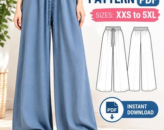May include: A digital sewing pattern for wide-leg trousers in a dusty blue colour. The image displays the finished garment with an elasticated drawstring waist and a technical line drawing showing front and back views. Text includes SEWING PATTERN PDF, SIZES: XXS to 5XL, and INSTANT DOWNLOAD.
