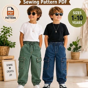 May include: Two children wearing cargo pants in green and blue denim. The image includes text that reads "Kids Cargo Pants Sewing Pattern PDF" and "Sizes 1-10 Years". Additional text says "Easy to Sew Step-by-Step Instructions".