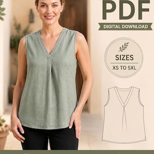 Könnte beinhalten: Ein digitales Schnittmuster für eine ärmellose salbeigrüne Bluse mit V-Ausschnitt und einer mittigen Falte vorne. Das Bild enthält den Text SEWING PATTERN, PDF, DIGITAL DOWNLOAD, SIZES XS TO 5XL, PDF PATTERN, PRINT AT HOME, LAYERED SIZES, EASY TO FOLLOW.
