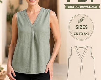 Women's Sleeveless Top Sewing Pattern PDF | Tank Top Pattern | Summer Blouse Sewing Pattern | Plus Size Shirt Pattern | Easy Beginner PDF