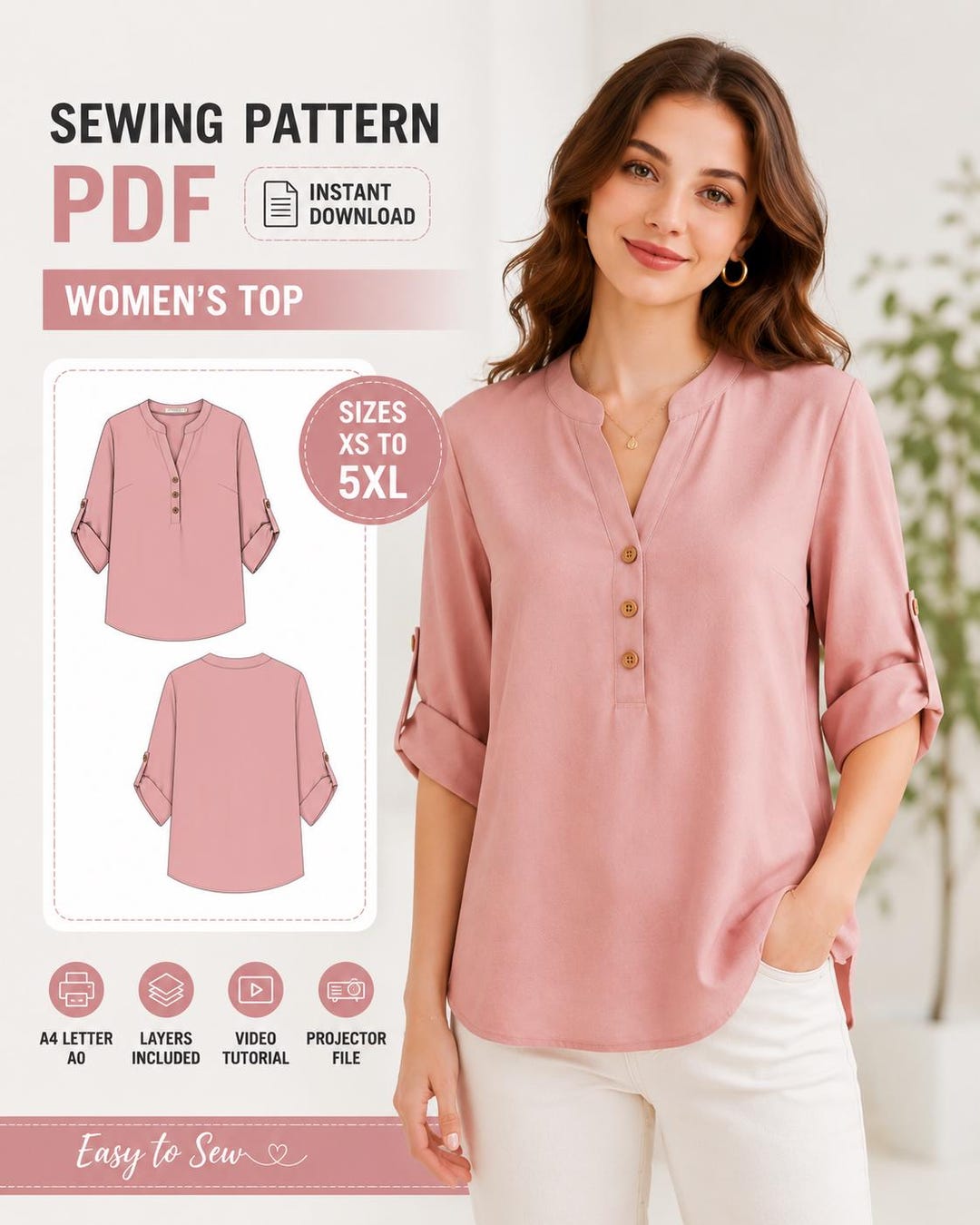 Blouse Sewing Pattern PDF for Women | Casual Loose Top Pattern |roll up ...