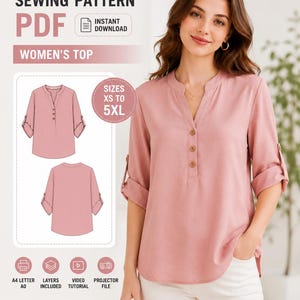 Blouse Sewing Pattern PDF for Women | Casual Loose Top Pattern |Roll Up Sleeve Shirt Pattern | Easy Sewing Project XS-5XL | Instant Download
