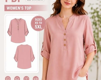 Blouse Sewing Pattern PDF for Women | Casual Loose Top Pattern |Roll Up Sleeve Shirt Pattern | Easy Sewing Project XS-5XL | Instant Download