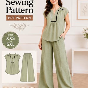 Women's Top & Wide Leg Pants Sewing Pattern PDF | Summer Outfit Pattern | Relaxed Blouse and Trousers | XXS-5XL | Easy Sewing Pattern