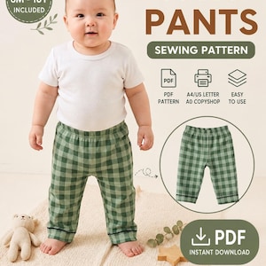 Puede incluir: Un patrón de costura digital para pantalones de bebé y niños, con un diseño de cuadros verdes y verde oscuro. El documento incluye etiquetas de texto para patrón PDF, A4/US letter, A0 copyshop y descarga instantánea, tallas 6M a 10Y.