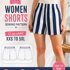 May include: A PDF sewing pattern for shorts with vertical navy blue and white stripes. The text reads: PDF WOMEN SHORTS SEWING PATTERN, XS sizes included, XXS TO 5XL, EASY TO SEW, INSTANT DOWNLOAD, PRINT AT HOME, STEP-BY-STEP INSTRUCTIONS.