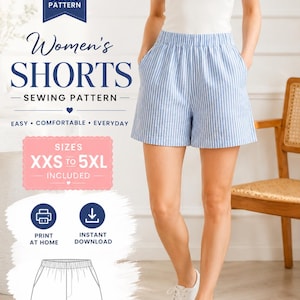 May include: A digital sewing pattern for shorts featuring text that reads Women's SHORTS SEWING PATTERN, SIZES XXS TO 5XL INCLUDED, PRINT AT HOME, and INSTANT DOWNLOAD. The image displays a pair of light blue and white vertical striped shorts.