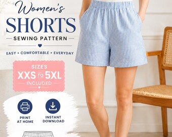 Women's Shorts Sewing Pattern PDF | Elastic Waist Shorts Pattern | Summer Shorts | Beginner Sewing Pattern | XXS-5XL | Instant Download