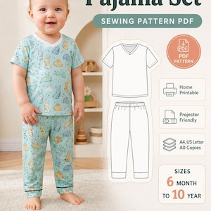 May include: A digital sewing pattern for a pyjama set featuring a V-neck short-sleeve top and trousers with a light blue rabbit print. The PDF includes home printable, projector friendly, and A4, US Letter, and A0 formats for sizes 6 month to 10 year.
