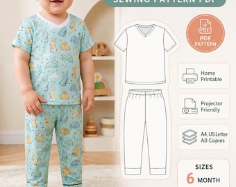 Kids Pajama Set Sewing Pattern PDF | Baby & Toddler Sleepwear Pattern | Children's PJ Set Sizes 6M-10Y | Easy Beginner Sewing Pattern