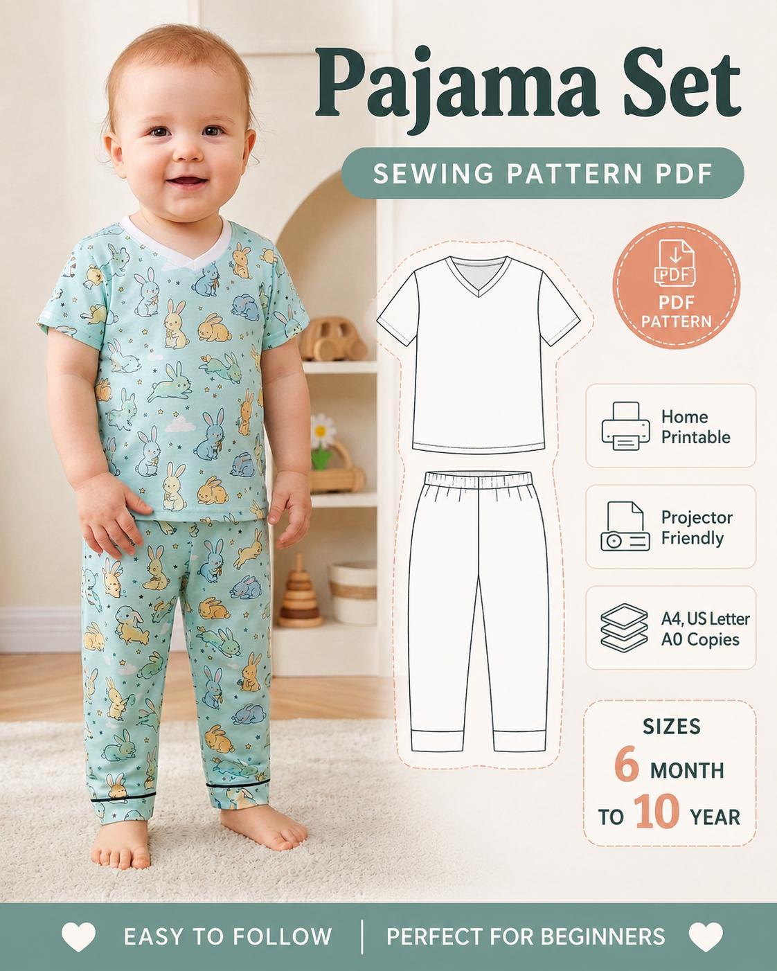 Kids Pajama Set Sewing Pattern PDF | Baby & Toddler Sleepwear Pattern ...