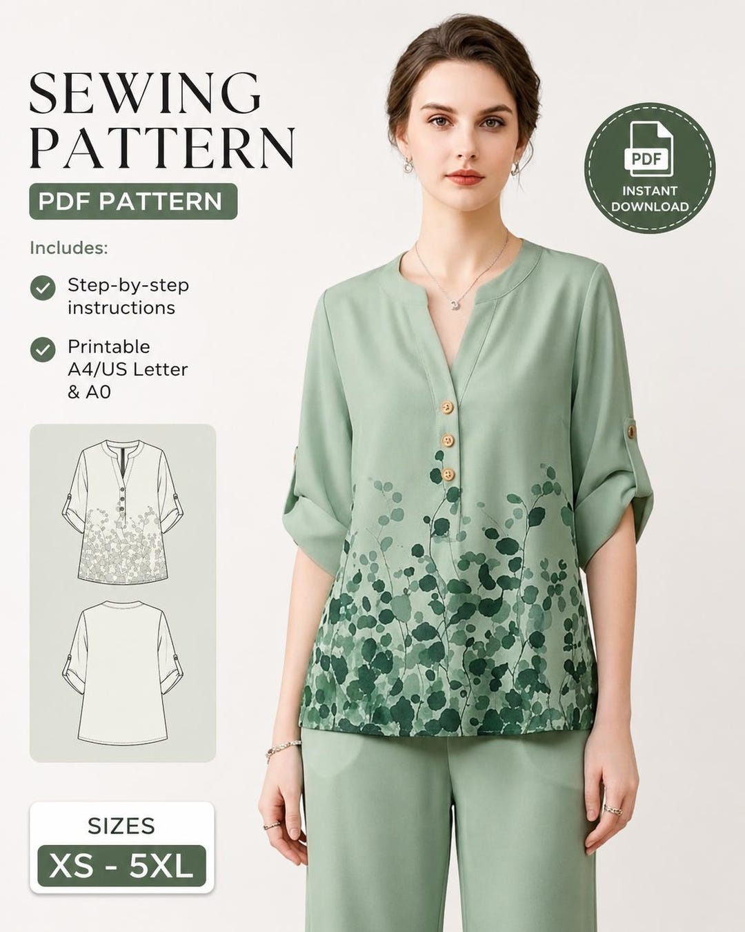 Blouse Sewing Pattern PDF for Women | Tunic Top Pattern XS-5XL ...
