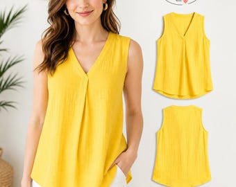 May include: A bright yellow sleeveless blouse with a V-neckline and a central front pleat. The garment is presented as a PDF sewing pattern with sizes ranging from XXS to 5XL, showing both the front and back views of the finished yellow top.