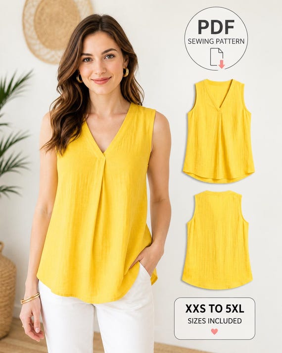 Sleeveless V Neck Blouse Sewing Pattern PDF, Women's Summer Top Pattern, Floral Tank Top Sewing Pattern, Digital Download XXS-5XL
