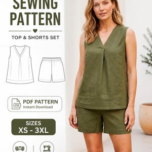 Peut inclure: Un patron de couture pour un ensemble haut et short, comprenant un haut sans manches vert olive à col en V avec un pli central et un short assorti. Le graphique inclut le texte SEWING PATTERN, TOP & SHORTS SET, PDF PATTERN et SIZES XS - 3XL.