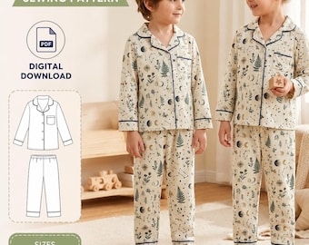 Kids Pajama Sewing Pattern PDF, Children's Button-Up Pajama Set Pattern, Long Sleeve Sleepwear Pattern, Baby & Kids Sizes 6M-10Y,