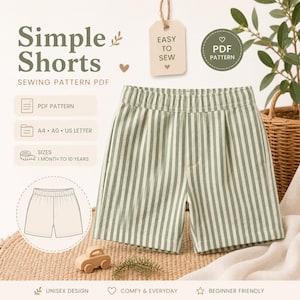 Könnte beinhalten: Grün-weiß gestreifte Shorts. Das Bild enthält Text: "Simple Shorts Sewing Pattern PDF", "Easy to Sew" und "PDF Pattern". Die Shorts sind ein Unisex-Design und für Anfänger geeignet. Größen von 1 Monat bis 10 Jahren.