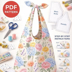 May include: A floral knot-handle bag sewing pattern with the text "KNOT-HANDLE BAG SEWING PATTERN" and "PDF PATTERN". The bag features a colorful floral print with pink, blue, and yellow flowers. Sewing supplies like scissors and thread are also visible.