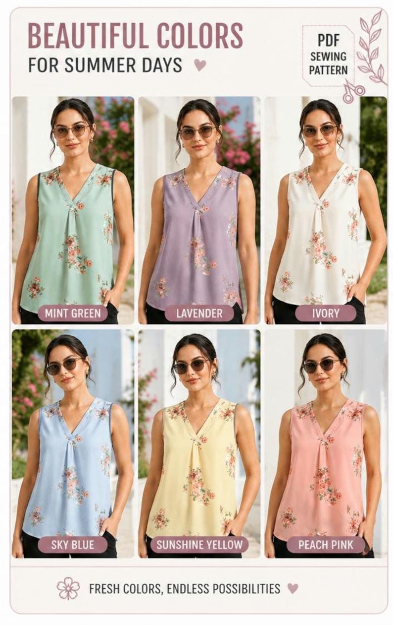 Sleeveless V Neck Blouse Sewing Pattern PDF, Women's Summer Top Pattern, Floral Tank Top Sewing Pattern, Digital Download XXS-5XL image 7