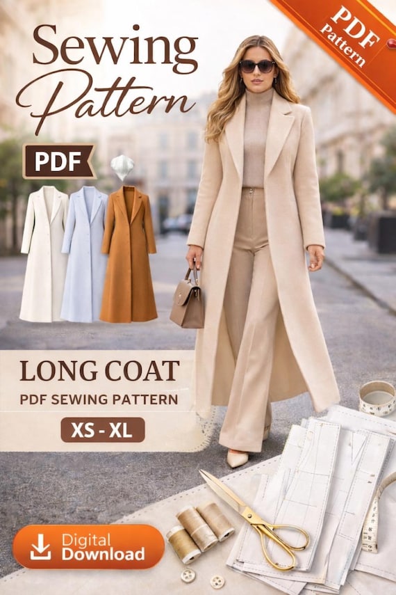 Long Coat Sewing Pattern PDF for Women | British Style Long Overcoat | Tailored Jacket Pattern | Beginner Sewing Project | Sizes XS-XL