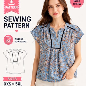 May include: A PDF sewing pattern for a light blue blouse with a multi-colored floral print, featuring a V-neckline with dark blue trim, short sleeves, and gathered details. The digital file includes sizes XXS to 5XL for instant download.