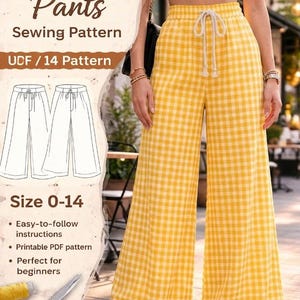 Palazzo-broek naaipatroon pdf, hoge elastische taille wijde pijpen broek, gemakkelijke beginnersbroek, losse pasvorm damesbroek, digitale Instant Download