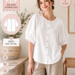 May include: A white button-down blouse with puff sleeves and a round neckline. The sewing pattern includes text stating SEWING PATTERN PDF INSTANT DOWNLOAD, EASY & STYLISH, SIZES XXS TO 5XL, PRINT AT HOME, A4, A0 & US LETTER, ILLUSTRATED INSTRUCTIONS, BEGINNER FRIENDLY, WOMEN'S PUFF SLEEVE BLOUSE.