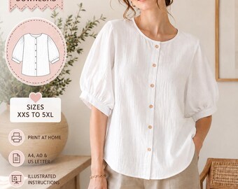 Women's Blouse Sewing Pattern PDF, Puff Sleeve Top Pattern, Button Front Shirt, Round Neck Blouse, Linen Summer Top, Printable PDF, XXS-5XL