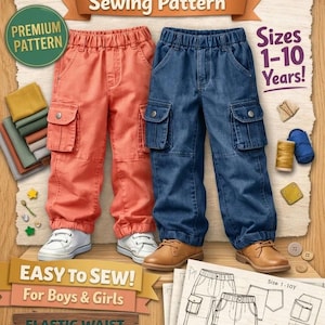 Kids Cargo Pants Sewing Pattern PDF Toddler to Teen 1-10Y Elastic Waist Jogger Pants Pattern Boys Girls Easy DIY A0 A4 US Letter Download