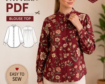 Women's Blouse Sewing Pattern PDF, Women's Top Pattern, Button Front Blouse, Mandarin Collar Shirt, Long Sleeve Top Sewing Pattern, XS-5XL,