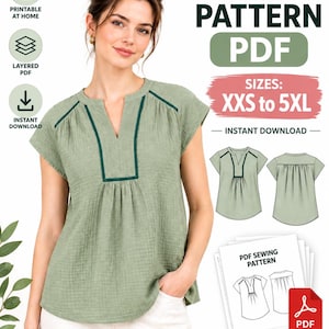 Puede incluir: Una blusa verde salvia de manga corta con escote en V y ribete verde oscuro. El texto dice SEWING PATTERN PDF, SIZES: XXS to 5XL, INSTANT DOWNLOAD y PDF SEWING PATTERN. Incluye dibujos técnicos de línea de la parte delantera y trasera.