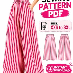 Op de afbeelding: Een PDF-naaipatroon voor een broek met wijde pijpen en een roze-wit verticaal strepenpatroon, voorzien van een elastische tailleband en zijzakken. De tekst luidt SEWING PATTERN PDF, SIZES: XXS to 8XL, en INSTANT DOWNLOAD.