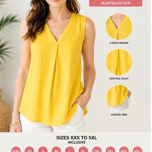 May include: A sun yellow sleeveless top featuring a V-neck design, a central pleat, and a curved hem. The digital sewing pattern includes sizes XXS to 5XL, with instructions for A4, US letter, and A0 copy shop printing, plus a video tutorial.