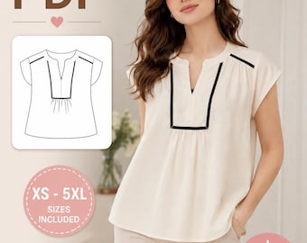 Women's Summer Blouse Sewing Pattern PDF | Easy Loose Fit Top | Gathered Yoke Tunic | Cap Sleeve Shirt | XXS-5XL | Instant Digital Download