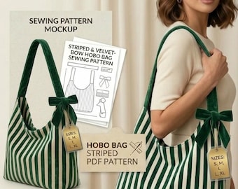 Gestreifte Hobo-Tasche Schnittmuster PDF | Samt Schleife Schultertasche Muster | Boho Tote Bag Schnittmuster | DIY Handtasche Muster | Digitaler Download