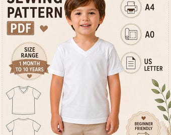 Kinder T-Shirt Schnittmuster PDF | V-Ausschnitt T-Shirt Muster | Baby & Kleinkind Shirt Muster | 1 Monat–10 Jahre | Anfänger Schnittmuster