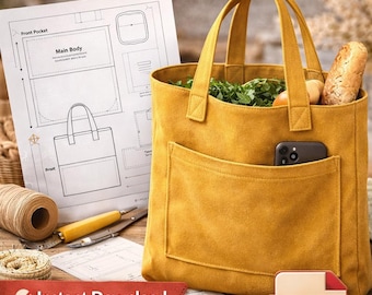 Tote Bag Nähmuster PDF, einfaches DIY Anfänger Frindly Tote, Größen A4 / US Letter Vorlage, Canvas Shopper Bag, gesteppte Einkaufstasche