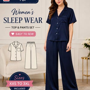 May include: A PDF sewing pattern for a sleepwear set including a short-sleeved button-down shirt with a collar and a chest pocket, paired with wide-leg pants. The pattern covers sizes XXS to 3XL and features a navy blue pajama set illustration.