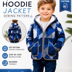May include: A quilted hoodie jacket sewing pattern featuring a blue and grey geometric patchwork design. The jacket has a front zipper, a hood with a white lining, and two front pockets. Text includes Quilted Hoodie Jacket Sewing Pattern.