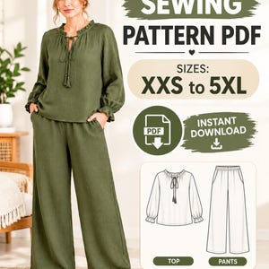 Blouse & Palazzo Pants Sewing Pattern PDF | Women's Two Piece Set Pattern | Wide Leg Pants | Beginner PDF | XXS-5XL | Instant Download