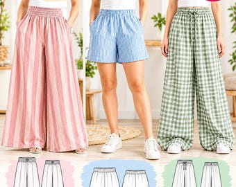 May include: A 3 pattern bundle sewing pattern PDF featuring trousers, shorts, and wide leg trousers in sizes XXS to 5XL. The image displays three pairs of bottoms: pink striped wide leg trousers, blue striped shorts, and green gingham wide leg trousers.