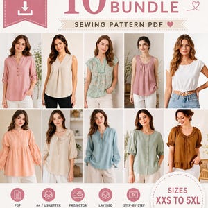 Puede incluir: Un paquete de patrones de costura digitales en PDF con 10 diseños de blusas diferentes. La colección incluye varios estilos como camisas abotonadas, tops sin mangas y blusas con volantes en tallas de la XXS a la 5XL, con archivos para A4, A0.