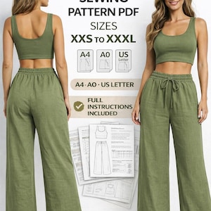 May include: A woman in a green crop top and wide-leg pants poses with a sewing pattern. The pattern includes sizes XXS to XXXL and instructions. The text on the image says "PRINTABLE SEWING PATTERN PDF" and "FULL INSTRUCTIONS INCLUDED."