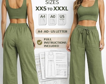 Zweiteiler Schnittmuster PDF | Leinen Crop Tank Top & Hose mit weitem Bein | Elastische Taille Co-Ord Lounge Set | Tolles Sommeroutfit zum Selbermachen | XXS–3XL