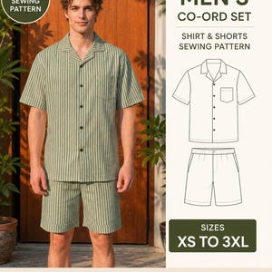 Puede incluir: Un patrón de costura en PDF para un conjunto coordinado que incluye una camisa de manga corta con botones, cuello y bolsillo en el pecho, junto con pantalones cortos a juego. El patrón incluye tallas de XS a 3XL, es imprimible en A4 y tiene capas.