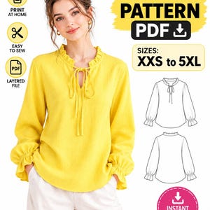 May include: A digital sewing pattern for a long-sleeved yellow blouse with a ruffled collar, tie-front neckline, and gathered cuffs. The PDF includes sizes XXS to 5XL, featuring technical line drawings of the front and back views for construction.