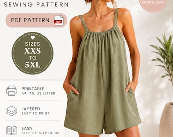 Women's Romper Sewing Pattern PDF | Loose Fit Summer Playsuit Pattern | Adjustable Strap Romper | Open Back Tie Jumpsuit | Instant Download